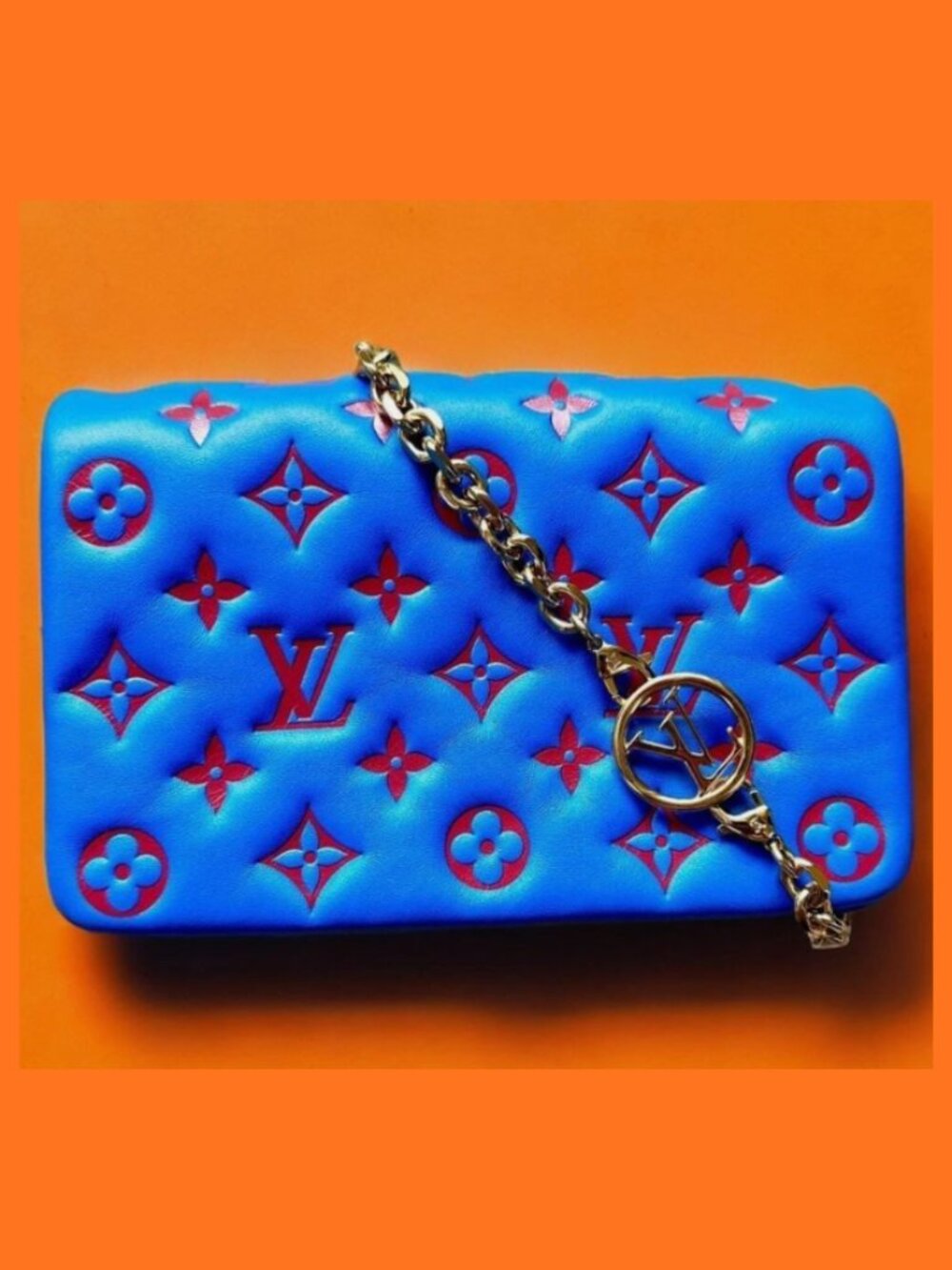 Louis Vuitton Red Blue Monogram Lambskin Coussin Pochette Crossbody Chain Bag